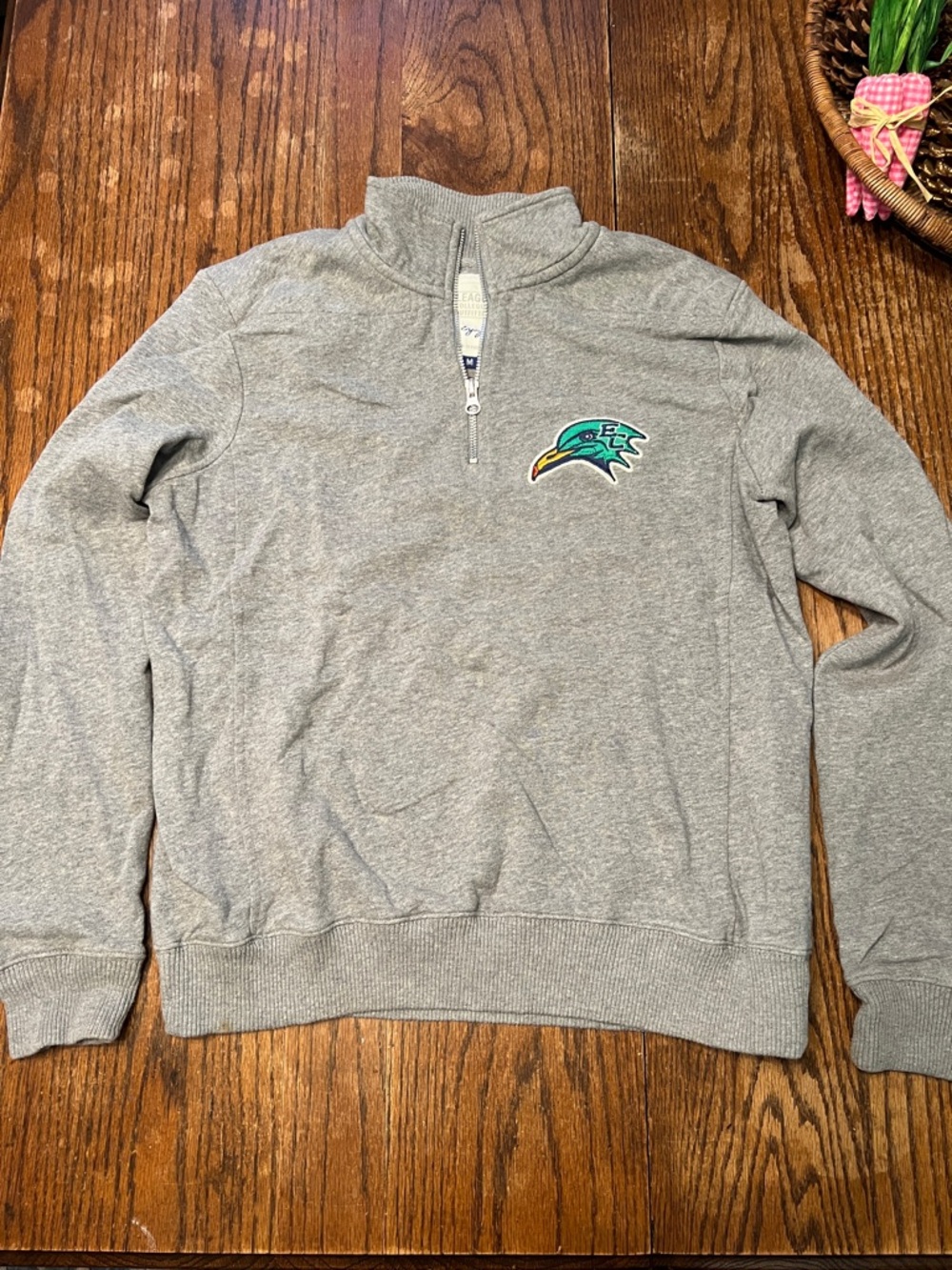 Endicott College Men's Light Gray Quarter-Zip Sweater with signature logo